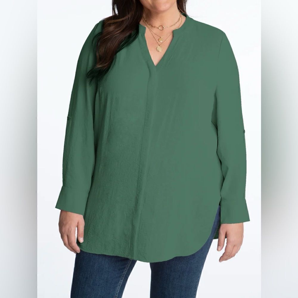 Adyson Parker Dark Leaf Green V-neck Roll Tab Sleeve Tunic Top Size S